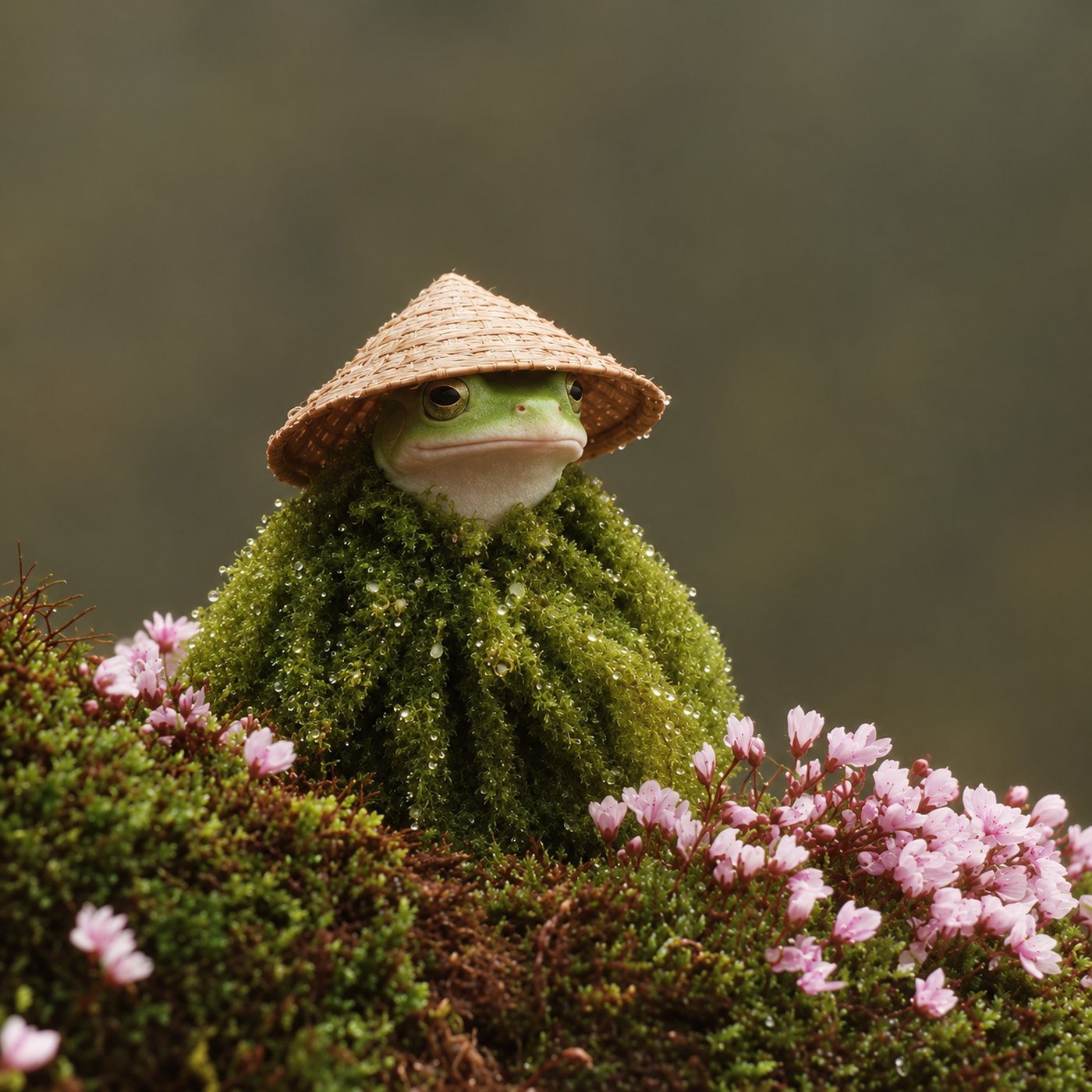 A frog in a straw hat and a moss cloak sitting among pink blossoms
